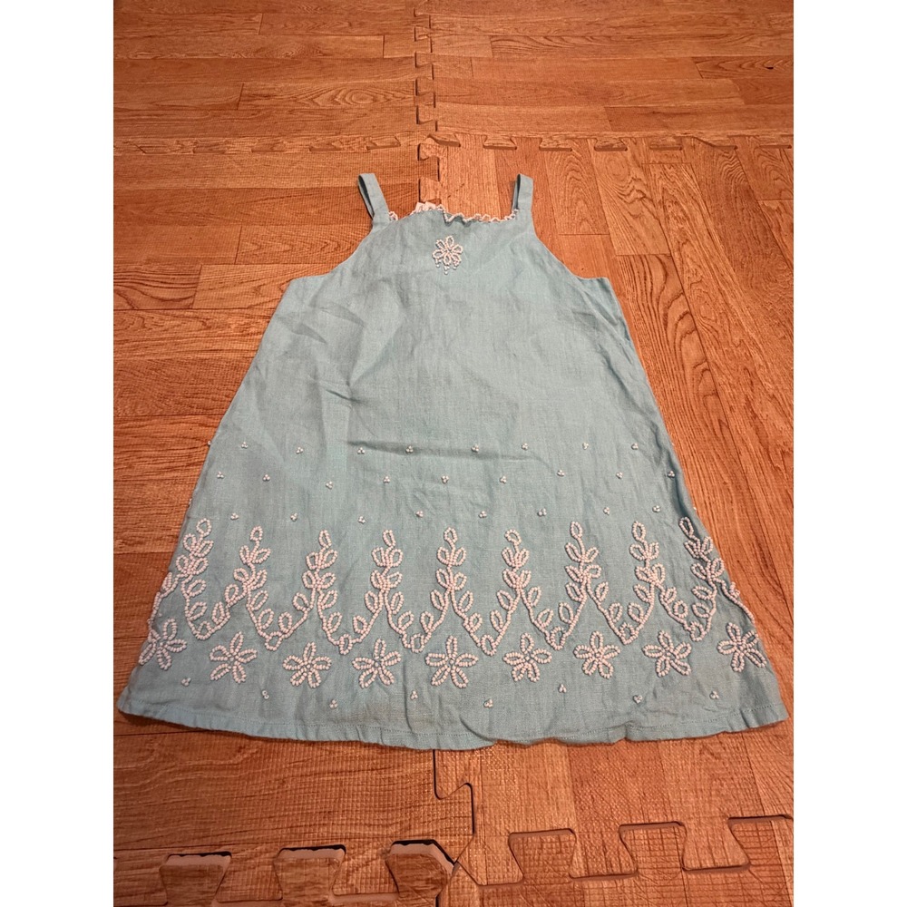 Charabia Paris Girls Blue Linen Beaded Floral Dress Made in France Size 2